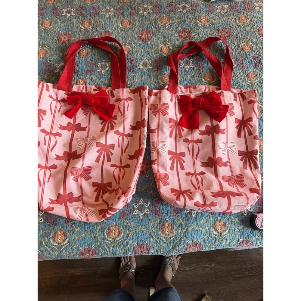 2 Pink Red Bow Print Tote Bag Canvas Large Shoulder Bag Preppy Coquette